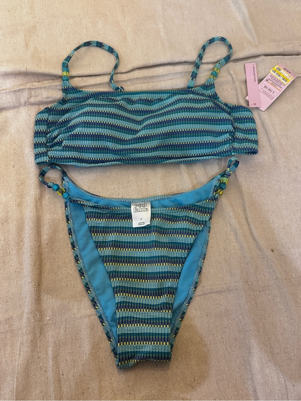 Bikini Large Top & Medium Bottoms Bead Detail - Wild Fable™ Blue/Green Striped